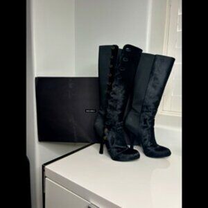 Dolce & Gabanna Black Calf Hair and Stretch Fabric Knee Length Boots SIZE 39